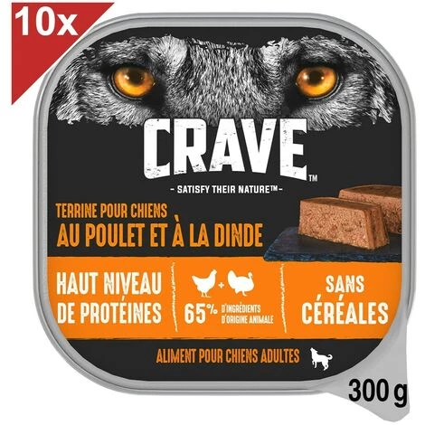 CRAVE Barquettes En Terrine Au Poulet & à La Dinde Pour Chien 10x300g 3 CRAVE Barquettes En Terrine Au Poulet & à La Dinde Pour Chien 10x300g