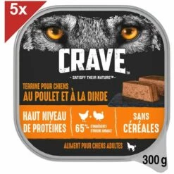 CRAVE Terrine En Barquette Au Poulet Et à La Dinde Pour Chiens Adultes (5x300g)